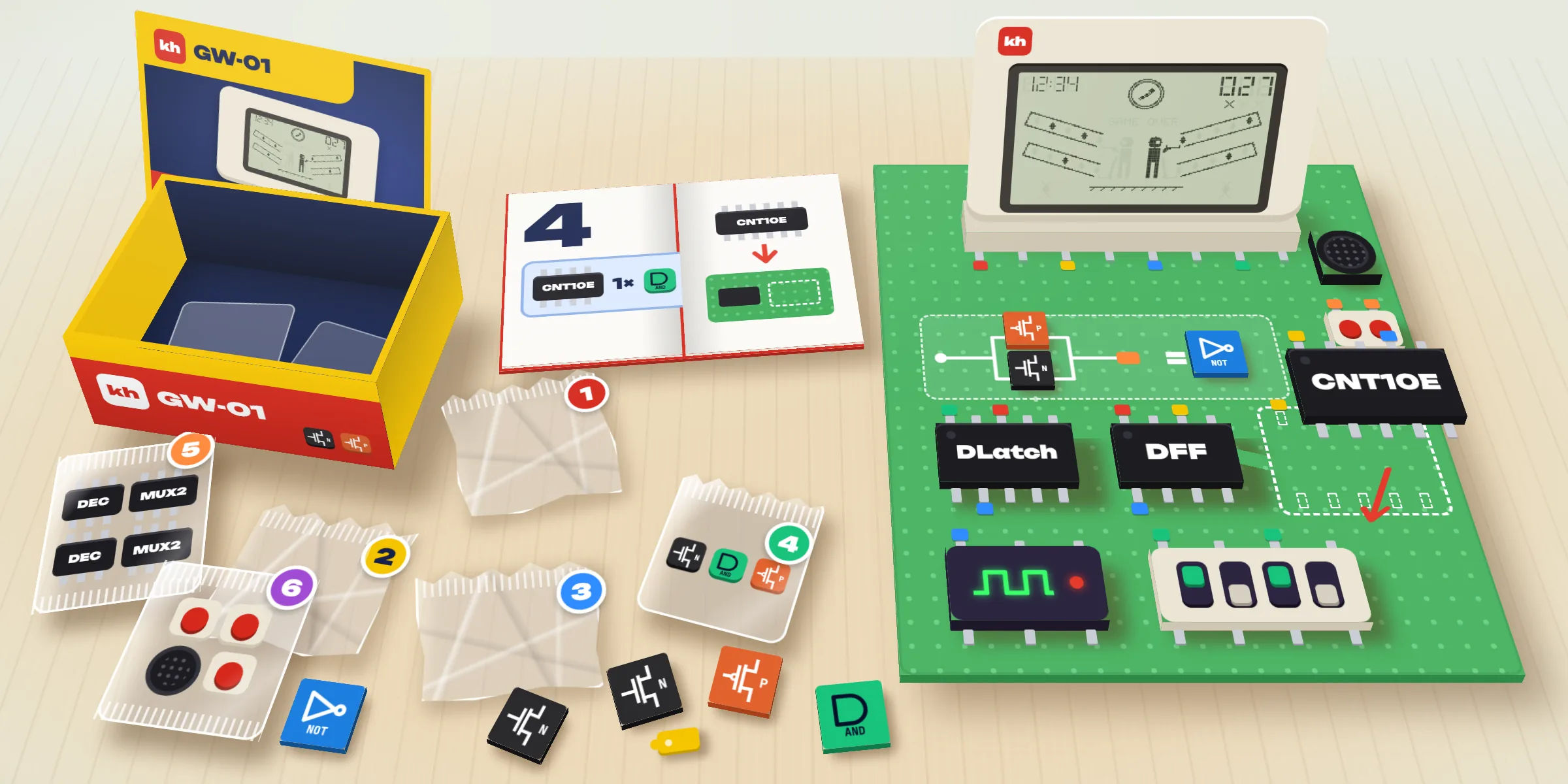 A table: a kit box, bags of parts, the instructions and an almost finished pocket game